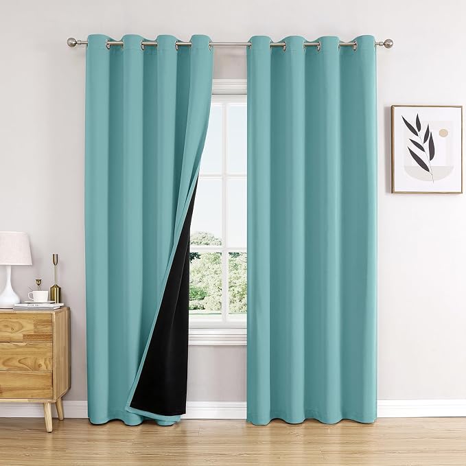 ChrisDowa 100% Blackout Curtains for Bedroom 72 Inches Long 2 Panels Set | 2 Thick Layers, Thermal Insulated, Light Blocking, Grommet, Window Treatment, Living Room Drapes, Aqua, 52 x 72 Inch