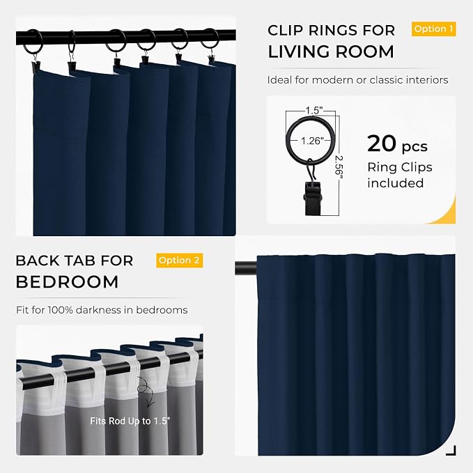 INOVADAY 100% Blackout Curtains for Bedroom, Midnight Blue Black Out Curtains 84 Inch Long, Clip Rings Linen Blackout Drapes, Thermal Insulated Room Darkening for Living Room, 2 Panels - W50xL84