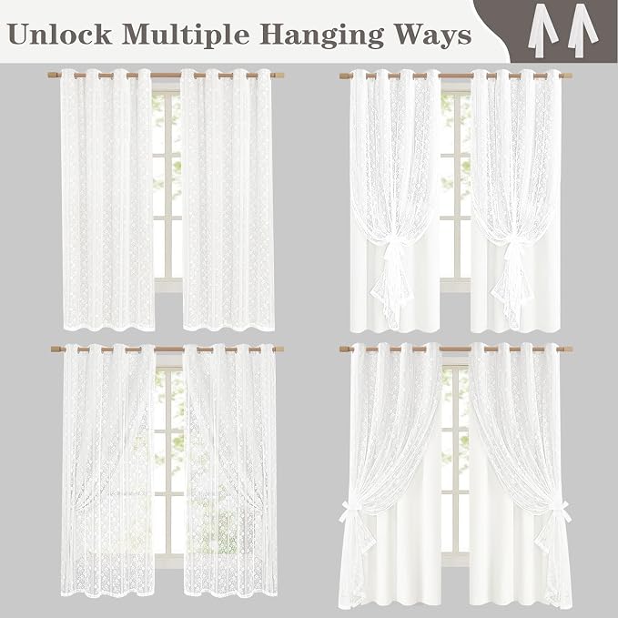 ASPMIZ White Blackout Curtains for Bedroom 63 inch Long, Double Layer Curtains with Lace Overlay, Light Blocking Grommet Drapes for Living Room Thermal Insulated Window Curtain Panels Set of 2, 52x63