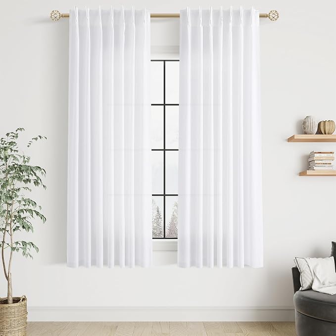 White Pinch Pleated Semi Sheer Curtains 63 Inch Length for Living Dining Room Kitchen Cotton Blend Light Filtering Pinch Pleat Linen Drapes Back Tab 2 Panels Off White Bedroom Window Curtains 40x63