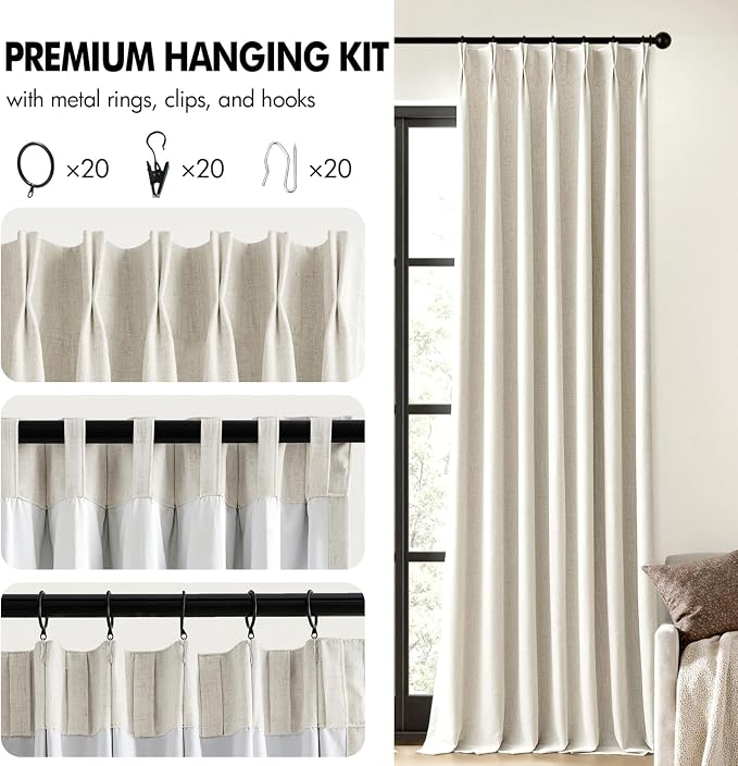 MIULEE Natural Pinch Pleated 100% Blackout Linen Curtains 90 Inch Length 2 Panels Set, Black Out Memory Trained Pleat Curtains Light Blocking Room Darkening Drapes for Bedroom Living Room Window