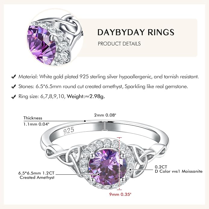 DAYBYDAY Celtic Birthstone Rings for Women 925 Sterling Silver Heart/Round/Pear/Oval Created Gemstone Moissanite Halo Engagement Promise Rings for Her Wife Birthday Anniversary Wedding Jewelry