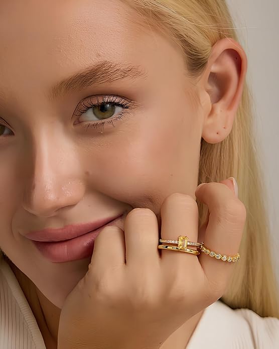YeGieonr Birthstone Stackable Rings for Women Dainty Gold Rings with Baguette Cubic Zirconia, Non Tarnish Thin Band Ring, 14k Gold Plated Pinky Rings Jewelry Gift