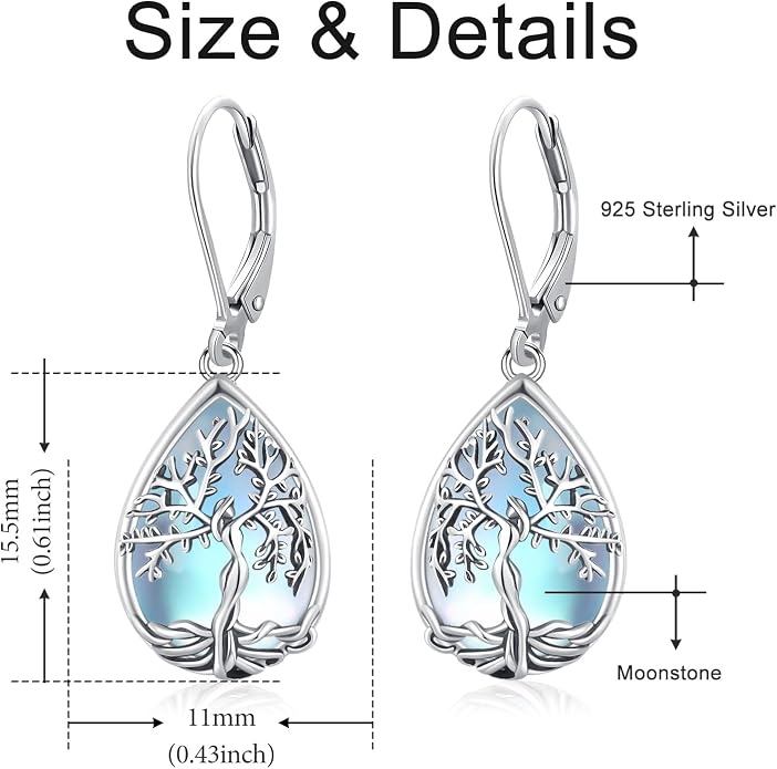 Odinstone 925 Sterling Silver Earrings Tree of Life Teardrop Moonstone Dangle Drop Leverback Earrings for Women