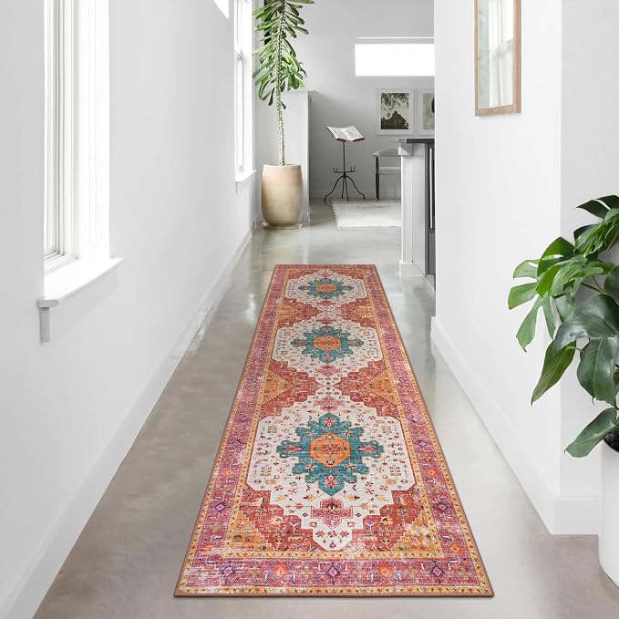 Moynesa Ultra-Thin Washable Rug - 2'6" x 10' Pink Long Hallway Carpet, Vintage Non Skid Non Shedding Low Pile Bedroom Mat for Girl's Room, Bathroom, Kitchen