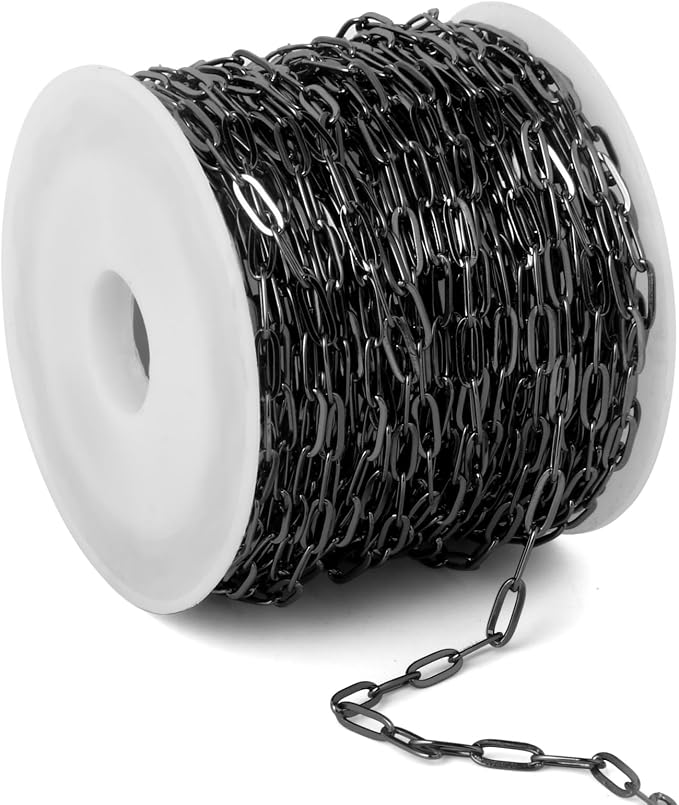 [33 Ft] Gunmetal Paperclip Chains Roll, 2.5mm Width 304 Stainless Steel Black Paperclip Oval Link Chain Spool Bulk for DIY Jewelry Making