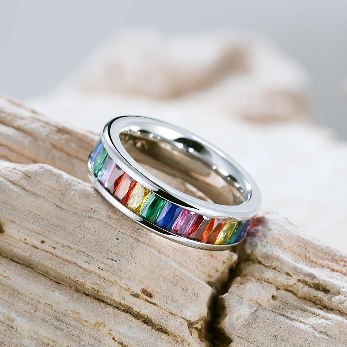 King Will 6mm 316L Stainless Steel Eternity Ring for Women, Colorful Baguette-Cut Cubic Zirconia Stackable Band, Pipe Cut Anniversary Engagement Ring Comfort Fit, Size 6-10