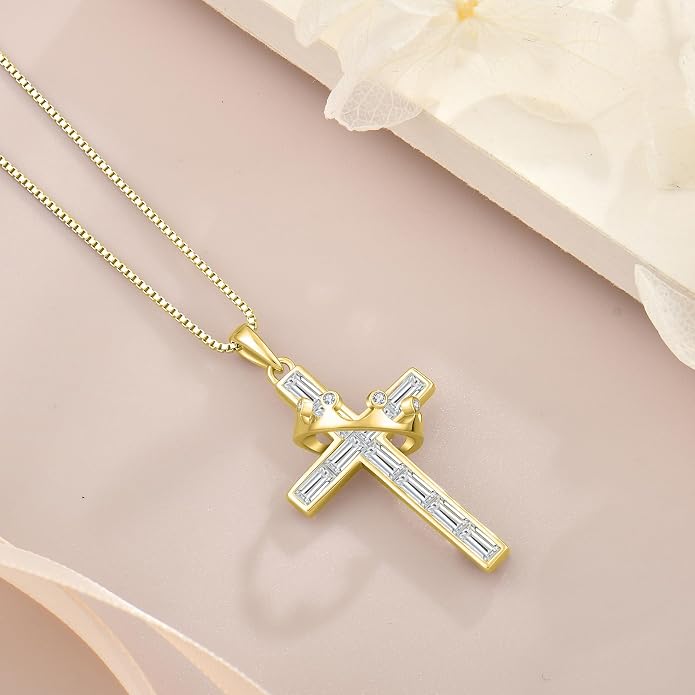 Gemstone Crown Cross Necklaces for Women, 925 Sterling Silver Rectangular cut Zircon Pendant With Rotated Crown Faith Cross Jewelry Gift