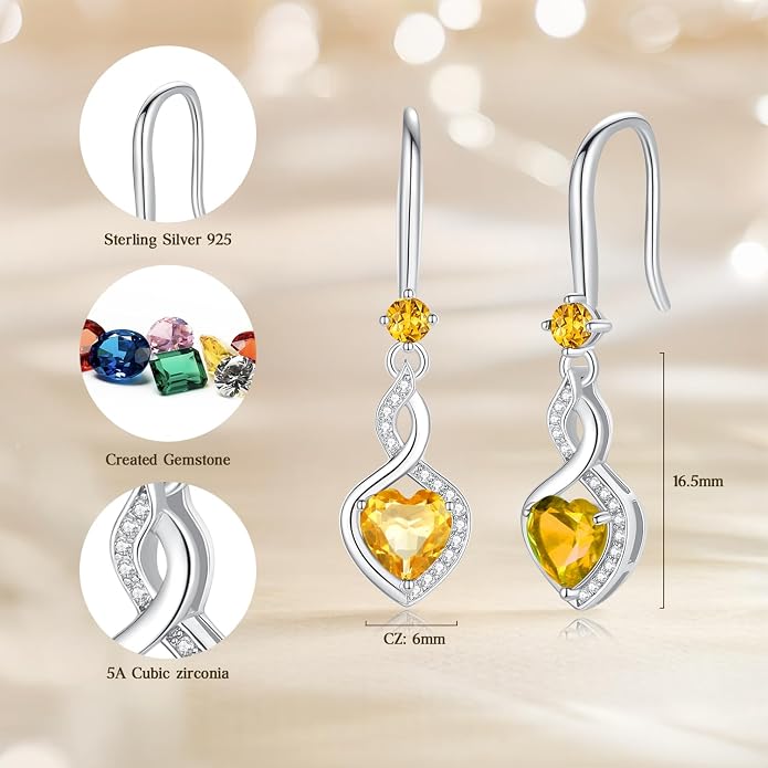 FANCIME Heart Infinity Dangle Drop Earrings 925 Sterling Silver Heart Gemstone Birthstone Earring