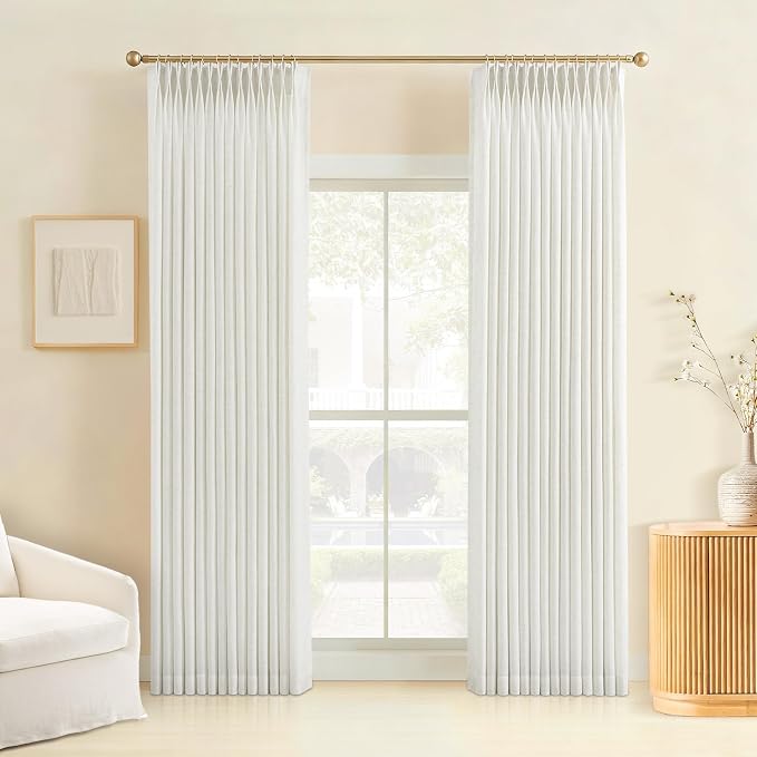 THREE GIRLS Liz Pinch Pleated Linen Curtains 84 Inches Long, Light Filtering Curtains for Living Room, Farmhouse Window Curtains for Bedroom, Modern Drapes with Hooks and Rings, White, 2 Panels Set