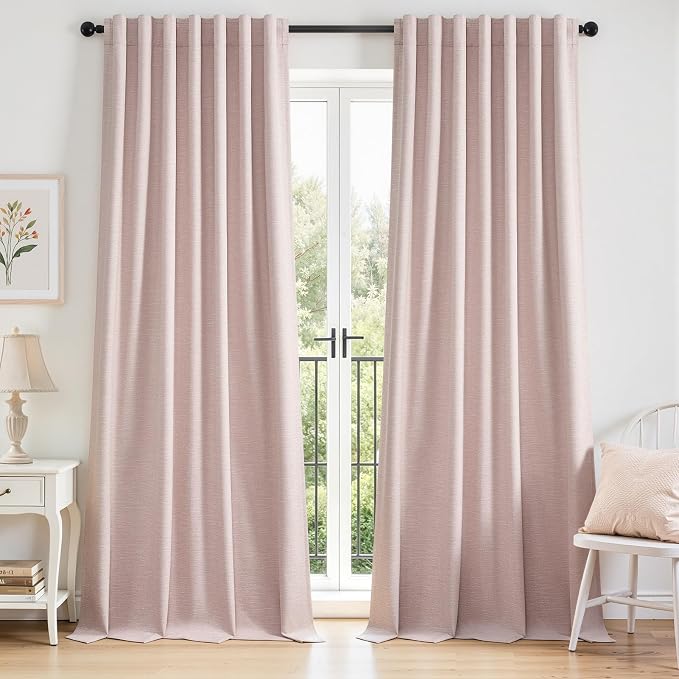 Topfinel Light Pink 105 Inch Curtains 2 Panels Set for Large Windows Linen Blend Curtains Back Tab Privacy Light Blocking Back Tab Drape with Hooks and Rings for Living Room Bedroom
