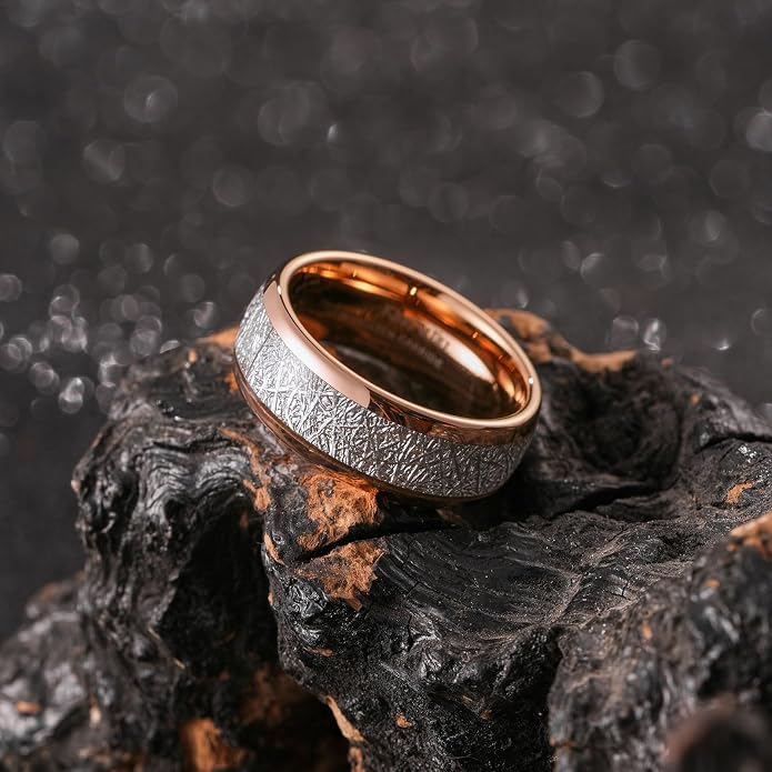 King Will Tungsten Rings for Men Meteorite Carbon Fiber Wood Inlay Mens Wedding Engagement Band Domed Polished
