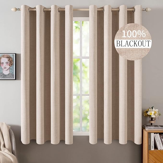 MIULEE Linen Textured Curtains for Bedroom Solid 100% Blackout Thermal Insulated Natural Beige Grommet Room Darkening Curtains & Drapes Luxury Decor for Living Room 52 x 48 Inch (2 Panels)