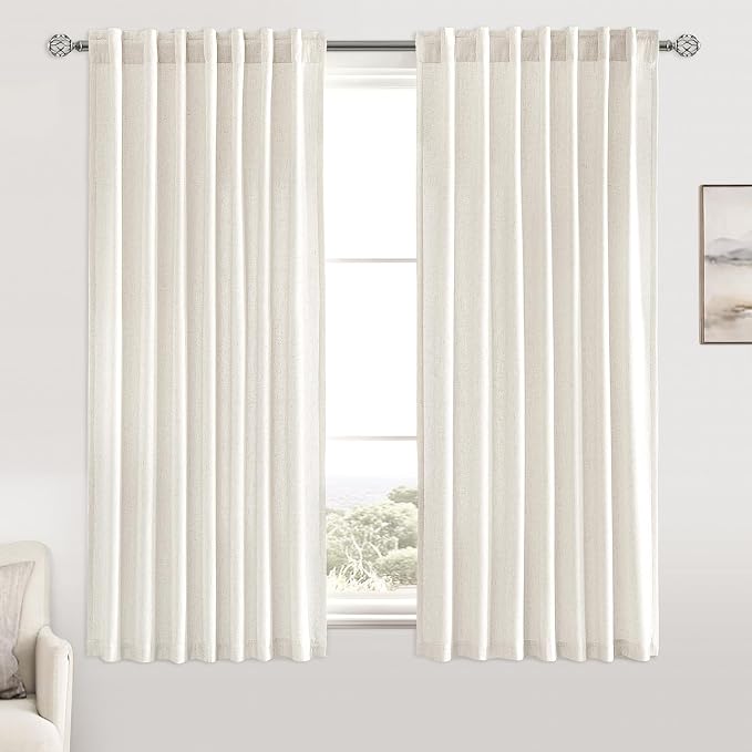 MIULEE Non-See-Through Privacy Linen Curtains 52W x 45L Inch Natural White | 2 Panels, Light Filtering, Semi Sheer Window Curtains, Farmhouse Textured, Back Tab Drapes for Bedroom Living Room