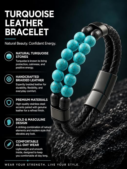 Black Braided Leather Bracelet for Men with Turquoise, Lapis Lazuli, Tiger Eye, Obsidian Stone Double-Row Wristband Beads with Stainless Steel Clasp Fashion Jewelry Gift for Him