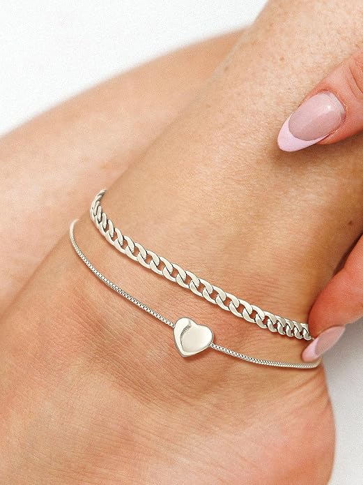 U7 2Pcs/3Pcs Ankle Bracelets for Women, Stainless Steel Cuban Link/Figaro/Rope/Heart Chain Anklets Sets,Waterproof Layered Anklets Adjustable 8.5"-10.5"