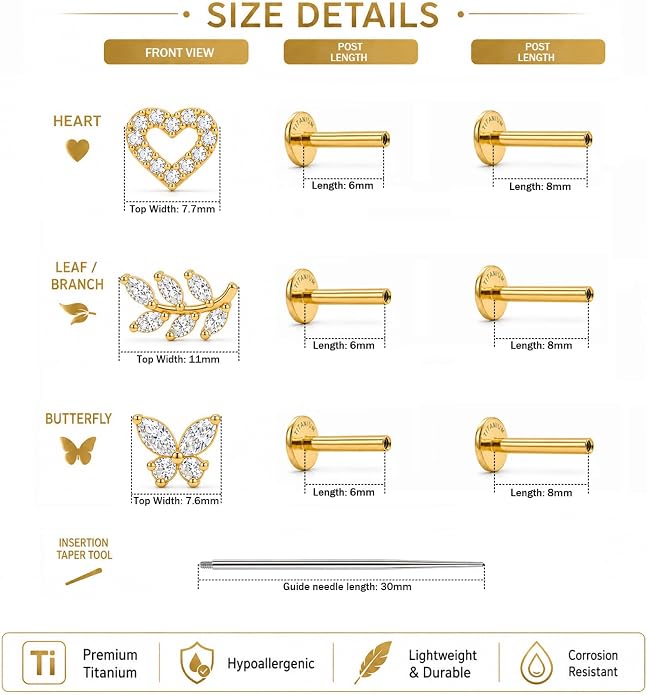 YACHY G23 Titanium Flat Back Stud Earrings, Internally Threaded Screw-On Hypoallergenic Body Piercing Jewelry for Everyday Wear, Tragus Helix Conch Monroe Medusa Lip, 18G 6mm 8mm
