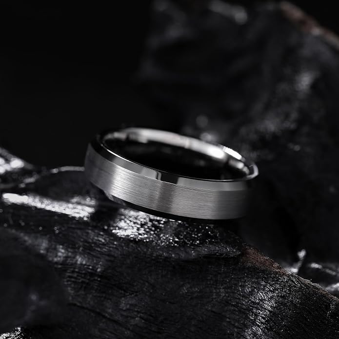 King Will Tungsten Men's Wedding Ring - Available in 6mm to 10mm, Black/Silver, Matte Finish, Beveled Polished Edge, Comfort Fit