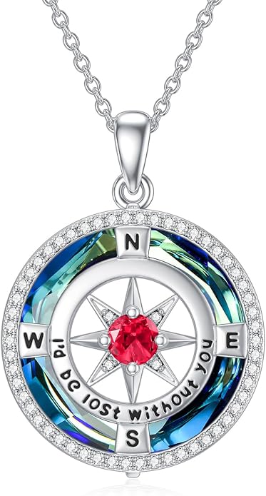 TOUPOP Necklace Gifts for Wife Compass Jewelry Women Anniversary Girlfriend Birthday Gift for Her Valentines I'd be Lost without You Sterling Silver Birthstone Necklaces