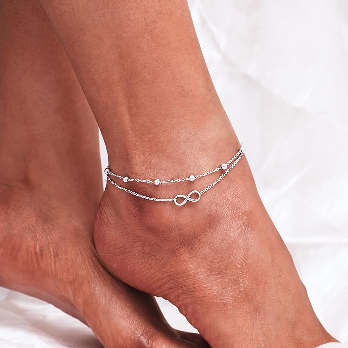 CHIC & ARTSY 925 Sterling Silver Ankle Bracelets for Women, Adjustable Layered Foot Chains with Nature & Symbol Charms, Lightweight Comfort Fit Boho Beach Everyday Jewelry