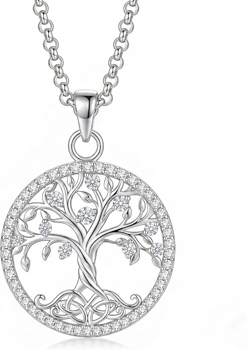 ONEFINITY Tree of Life Necklace 18k White Gold Plated Tree of Life Birthstone Pendant Necklace Birthstone Jewelry Anniversary Birthday Gifts for Women Men