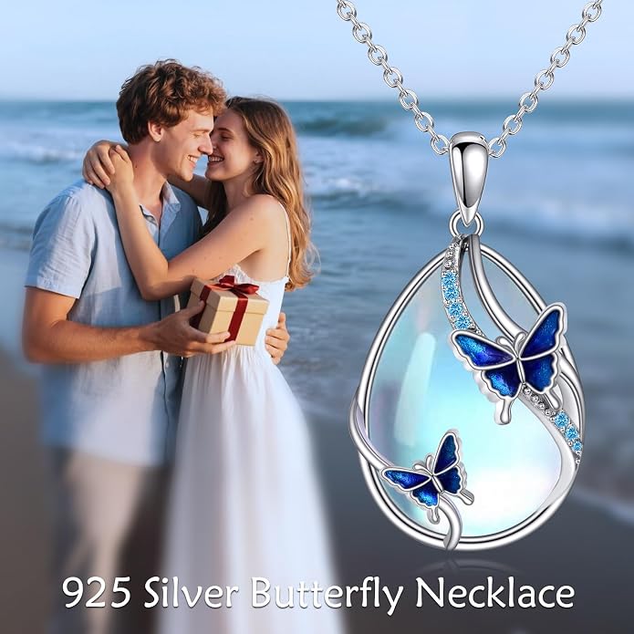 KQF Dragonfly/Butterlfy/Cat/Jellyfish/Bunny/Axolotl/Bee/Mermaid/Hummingbird/Elephant Necklace for Women Sterling Silver Moonstone Pendant Necklace Dragonfly Jewelry Gifts for Women