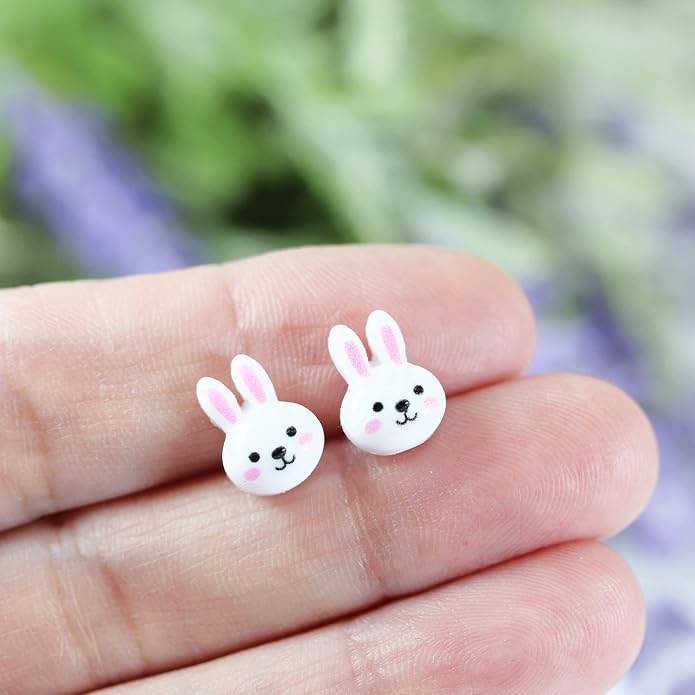 Metal Free Plastic Post Earrings Gift Set Pink Flower Bunny Purple Smiley Face Flower