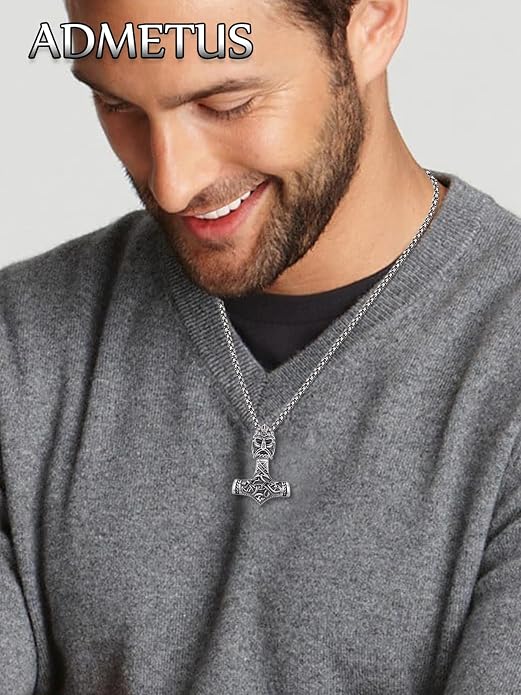 ADMETUS 925 Sterling Silver Thor Hammer Necklace Viking Mjolnir Pendant Jewelry Gifts for Men with 2.5mm 22"+2" Rolo Chain