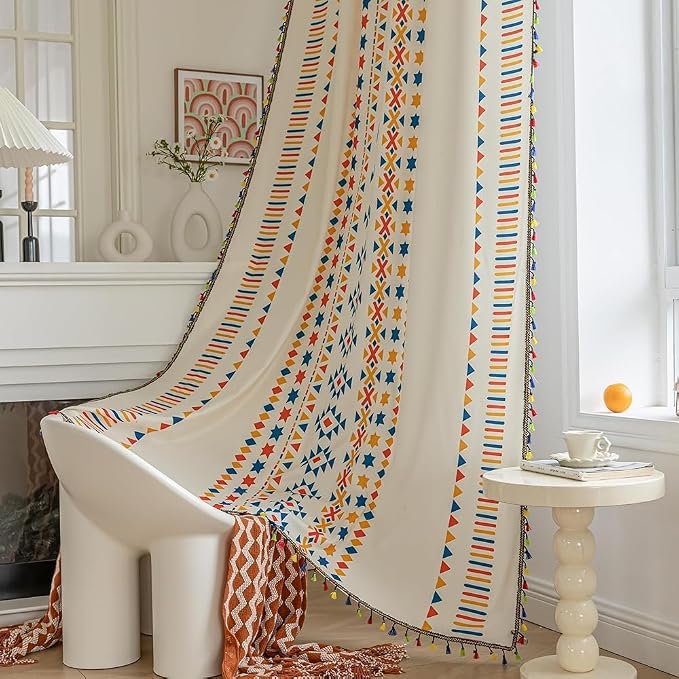 Beige Geometric Curtains 96 Inches Long, Boho Farmhouse Light Filtering Rod Pocket Drapes with Tassel Trim for Bedroom Living Room, 2 Panels