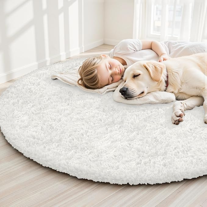 White Round Fluffy Rug 5ft,Soft Bedroom Circle Rugs Mats for Kids Girls Nursery Room,Washable Plush Shaggy Indoor Non Slip Rug for Bedside Living Room Bedroom Circular Carpet,Home Decor Aesthetic