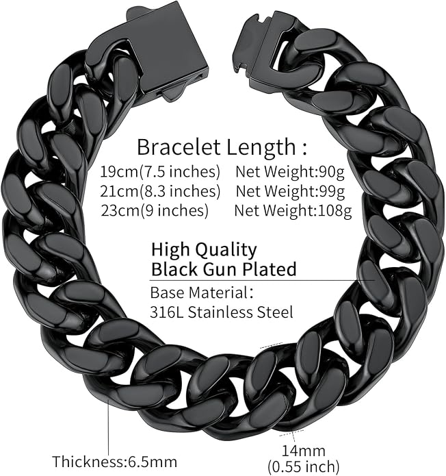 ChainsHouse Stainless Steel Cuban Link Bracelet for Men, 5mm/7mm/9mm/12mm Width, 7.5"/8.3"/9" Length, Black/18K Gold Plated Chain Wrist Bracelets for Men, with Gift Box