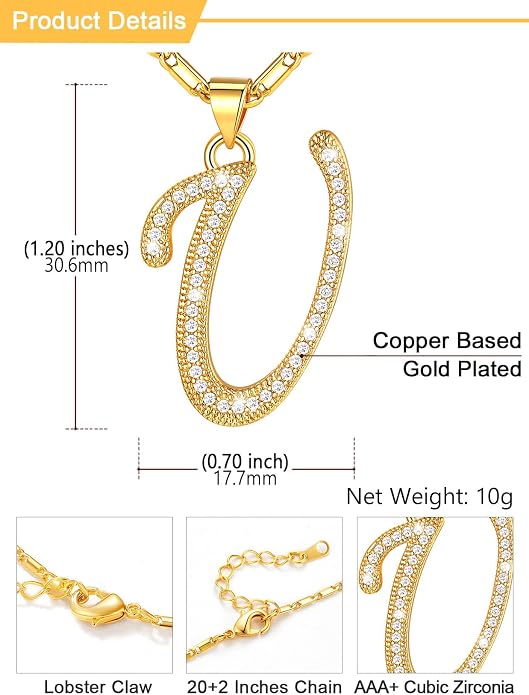 U7 Initial Necklace for Women, Gold/Platinum Plated CZ Crystal Letter A-Z Pendant Necklace, Shiny 20 Inch Name Chain Dainty Personalized Jewelry for Men Mom Wife Friend