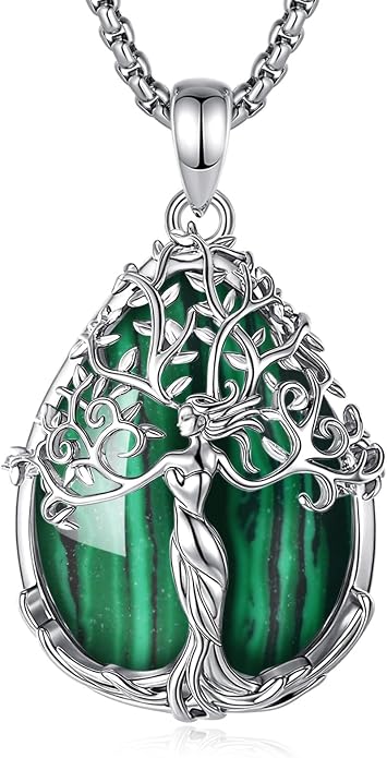 AEONSLOVE Tree of Life Necklace with Crystal for Women, Amethyst/Obsidian/Turquoise/Moonstone/Malachite Crystal Pendant Necklaces for Ladies