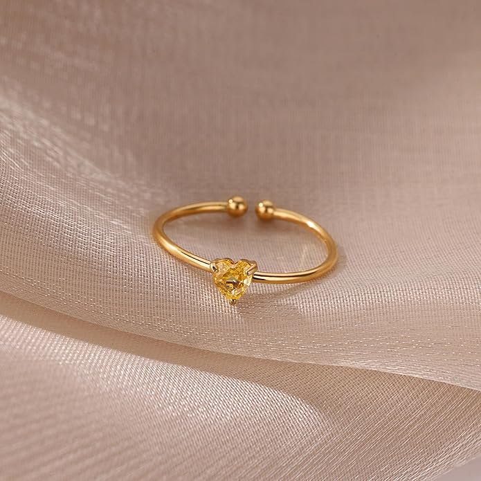Lit Wall Birthstone Rings for Women Dainty 14k Gold Plated Non Tarnish Gold Heart Rings Adjustable Size Stackable CZ Ring Gold Simulated Gemstone Rings Birthday Gifts for Women