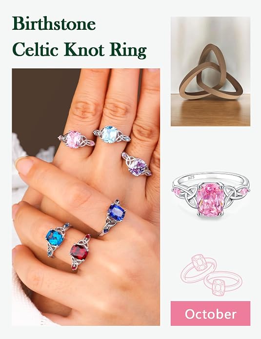 925 Sterling Silver Birthstone Rings for Women Cushion Cut Engagement Celtic Knot Ring Irish Jewelry Created Gemstone Anniversary Rings Size 6-10(with Box)