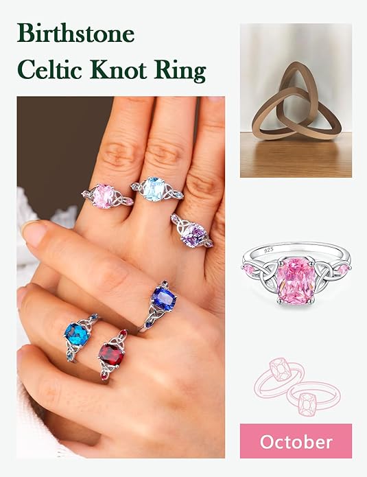 925 Sterling Silver Birthstone Rings for Women Cushion Cut Engagement Celtic Knot Ring Irish Jewelry Created Gemstone Anniversary Rings Size 6-10(with Box)