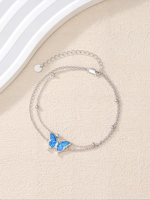 Dragonfly/Evil Eye/Hamsa Evil Eye/Lotus/Mushroom Anklet Bracelets for Women Sterling Silver Adjustable Double Layered Bracelet Anklet Mother's Day Jewelry Gifts Beach Jewelry