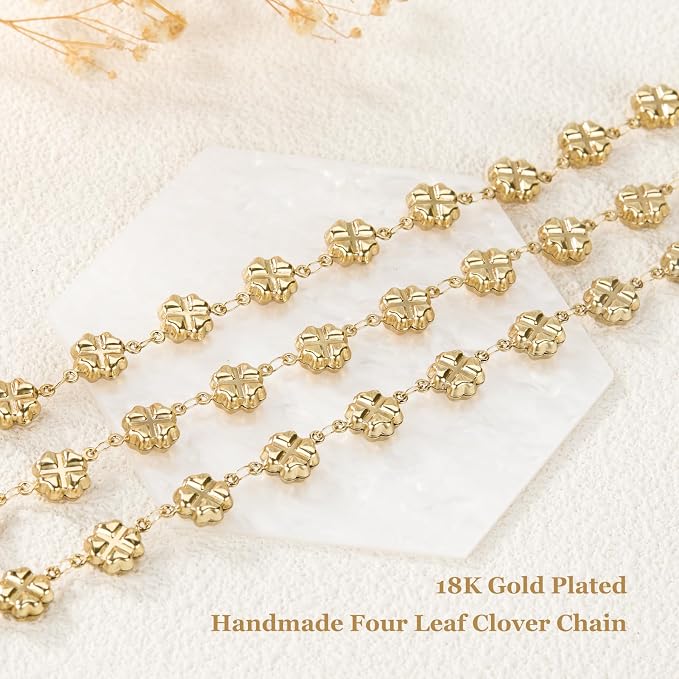 GTVOODX 18k Gold Plated Soldered Jewelry Making Chains 6.6 Ft Four Leaf Clover Stainless Steel Handmade Bulk Chain Roll for DIY Jewelry Necklace Bracelet Making with Jump Rings and Lobster Clasps