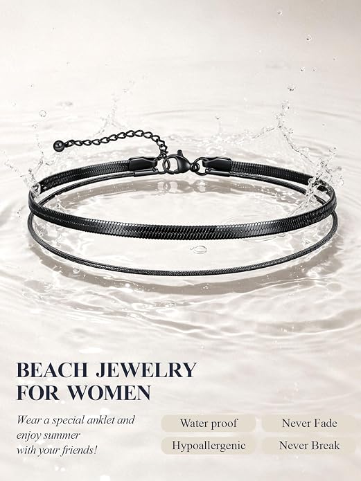 U7 Silver/Gold Ankle Bracelets for Women Layered Chain Anklets Stainless Steel Waterproof Summer Beach Anklet Cham, Adjustable 8.5"-10.5"