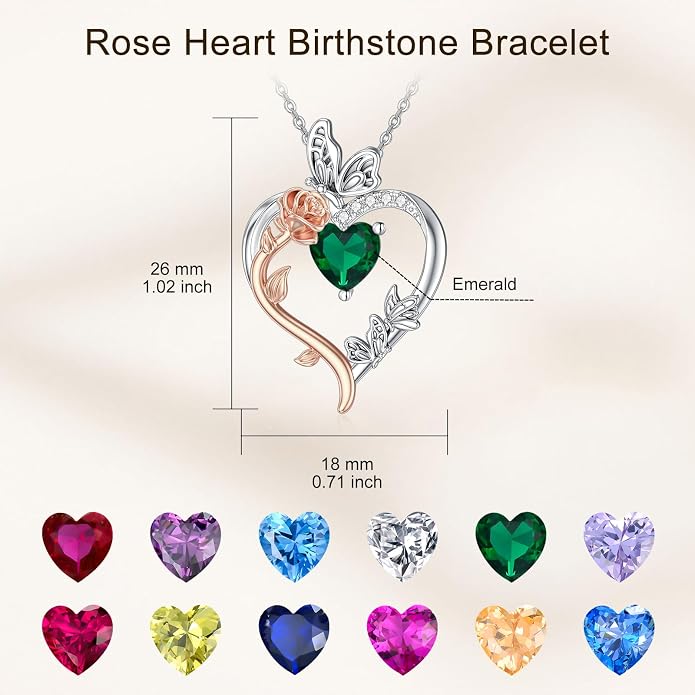 TOUPOP Rose Heart Birthstone Necklace 925 Sterling Silver Heart Butterfly Pendant Love Jewelry Birthday Gifts for Women Wife Mom Her