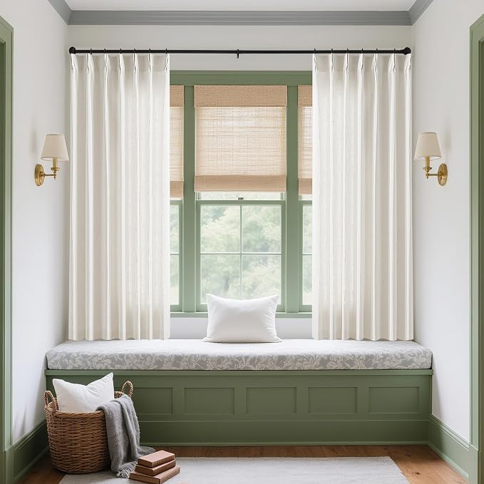 Natural Pinch Pleated Linen Semi Sheer Curtains 54 Inch Length 2 Panels | for Dining Room Bedroom, Memory Training Shaped, Pinch Pleat Drapes with Hooks Rings, Light Filtering Window Curtain 40x54