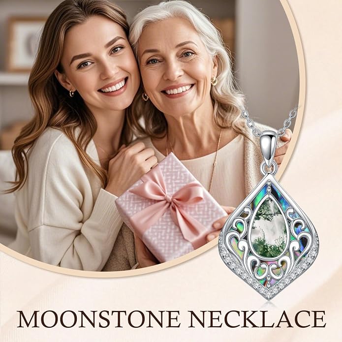HPQQ Filigree Gemstone Necklace 925 Sterling Silver Teardrop Bohemian Necklace Abalone Shell Jewelry Birthday Gifts for Women