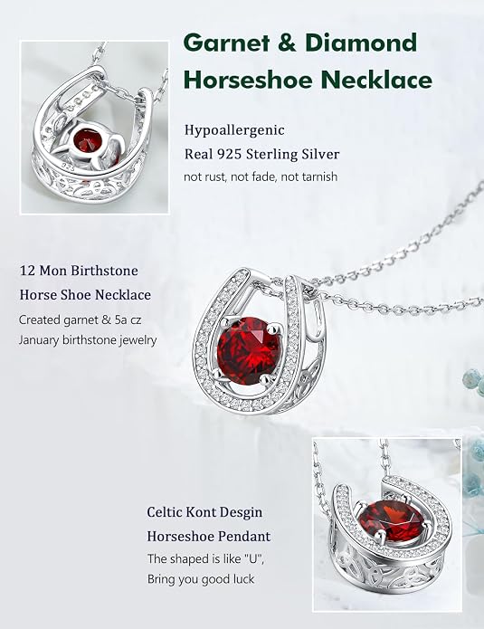 925 Sterling Silver Horseshoe Necklace for Women Round Gemstone Birthstone Necklace Sapphire/Emerald/Ruby/CZ Horse Shoe Pendant Necklaces Jewelry Gift