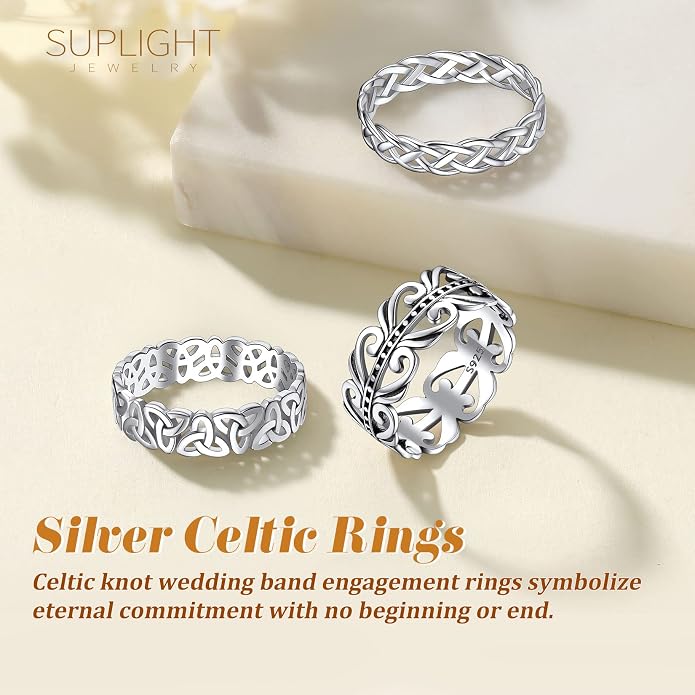 Suplight S925 Sterling Silver Celtic Knot/Evil Eye/Infinity Symbol Band Ring, 2/3/5/8mm Vintage Finger Thumb Ring for Women Size 4-13 (with Gift Box)