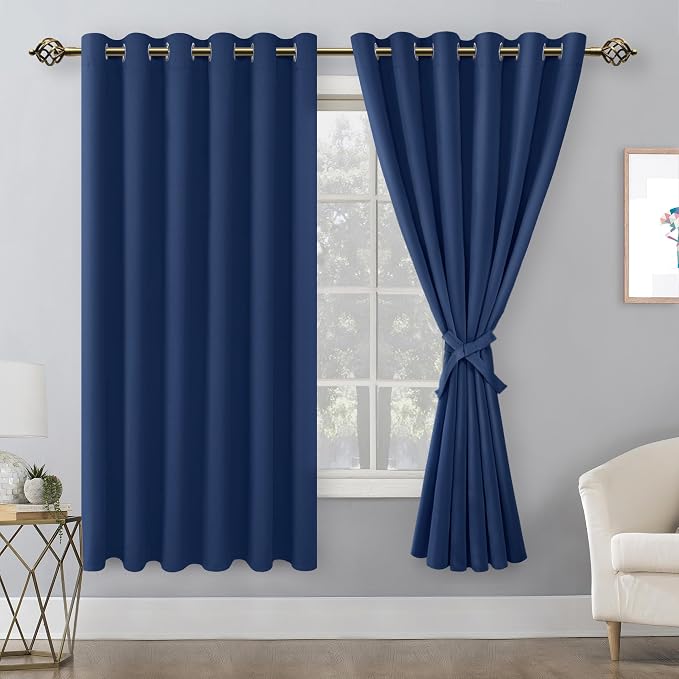 Hiasan Room Darkening Curtains for Bedroom, 70 x 63 Inches - Thermal Insulated & Energy Saving Window Drapes for Living Room/Dorm Room, Set of 2 Panels Sewn with Tiebacks, Navy