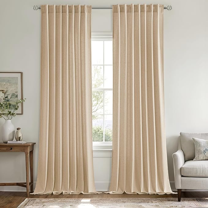 MIULEE Non-See-Through Privacy Linen Curtains 52Wx108L Inch Light Brown | 2 Panels, Light Filtering, Semi Sheer Window Curtains, Farmhouse Textured, Back Tab Drapes for Bedroom Living Room