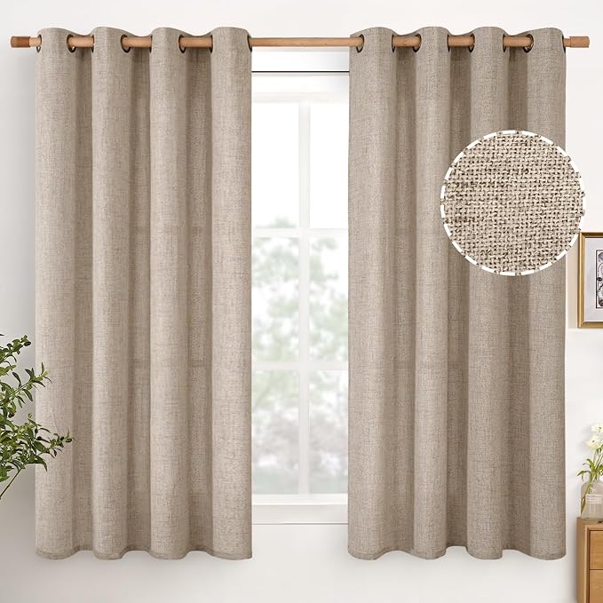 YoungsTex Oatmeal Linen Curtains 45 Inch Length, Burlap Semi Sheer Drapes with Bronze Grommet Light Filtering for Bedroom Bathroom Living Room Window, 52 x 45 Inch, 2 Panels