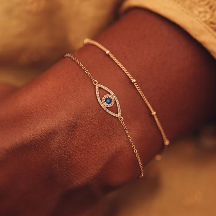 MTMY Evil Eye Bracelet for Women 14K Gold Plated Dainty Bracelets with Crystcal Adjustable Chain Cute Eye Bracelet Gold Jewelry for Her