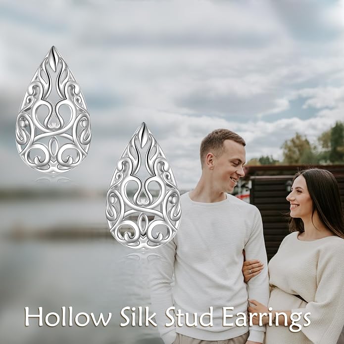 VONALA Filigree Teardrop Earrings for Women Sterling Silver Filigree Teardrop Dangle Earrings Filigree Leverback Earrings for Women Birthday Gift
