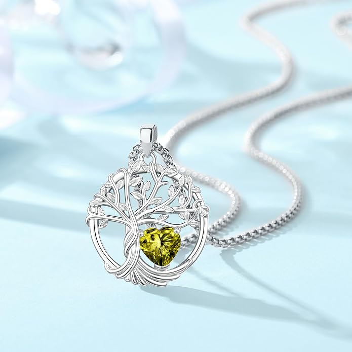 Birthstone Tree of Life Necklace for Women Heart Crystal Pendant Silver Plated Birthday Anniversary Jewelry for Wife, Mom, and Her